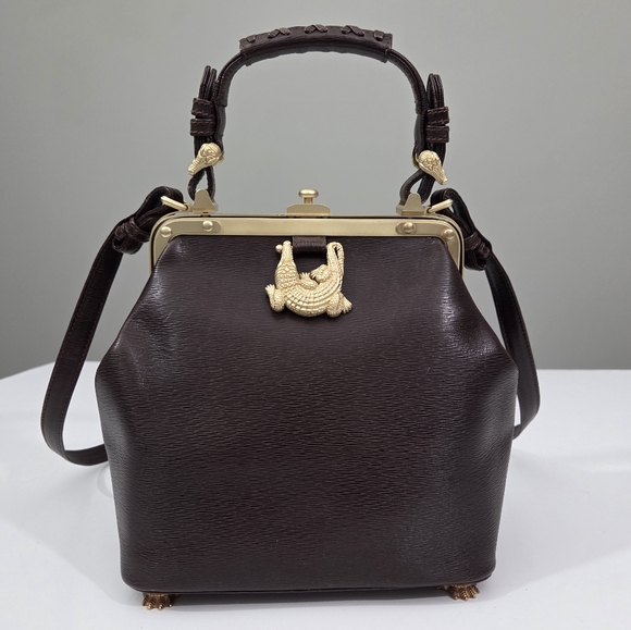 BARRY KIESELSTEIN CORD BROWN LEATHER TROPHY SATCHEL BAG ALLIGATOR FEET